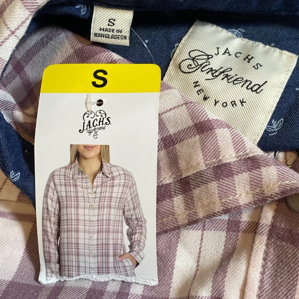 NWT JACHS Girlfriend Purple Plaid Snap Front Shirt Soft Button Down S Flannel